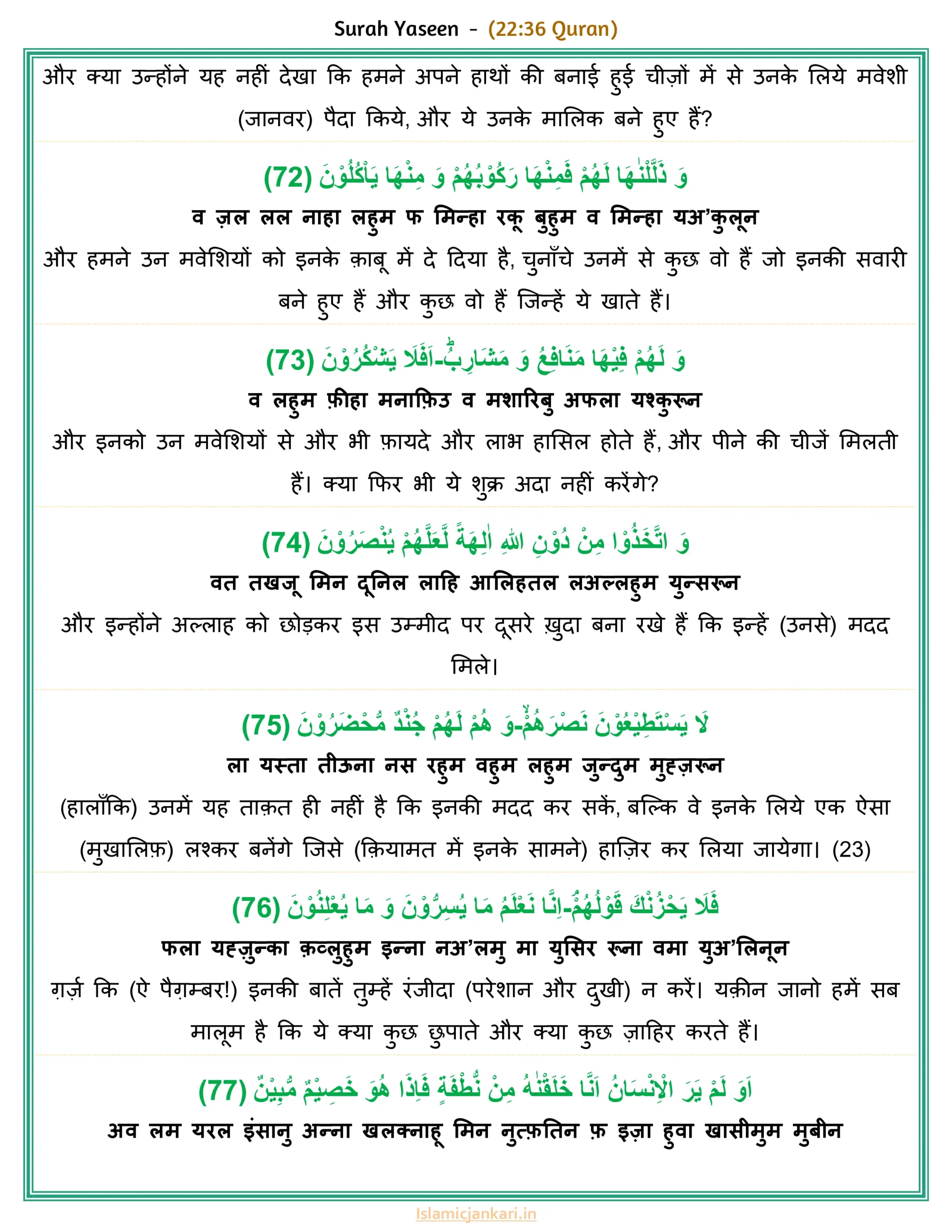 सूरह यासीन आयत 72 से 77 अरबी हिंदी